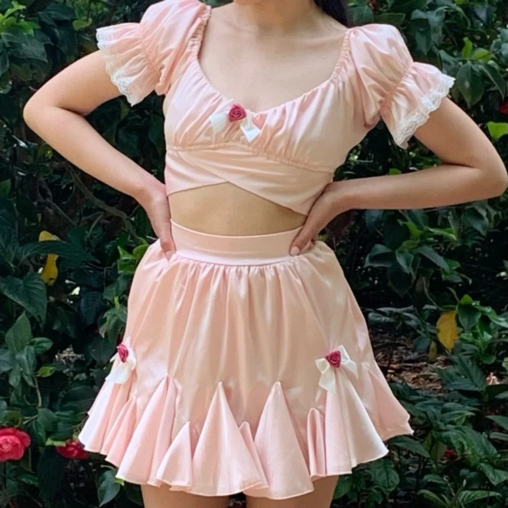 Sugarthrillz satin pastel pink lace and rosette crop top and skirt set